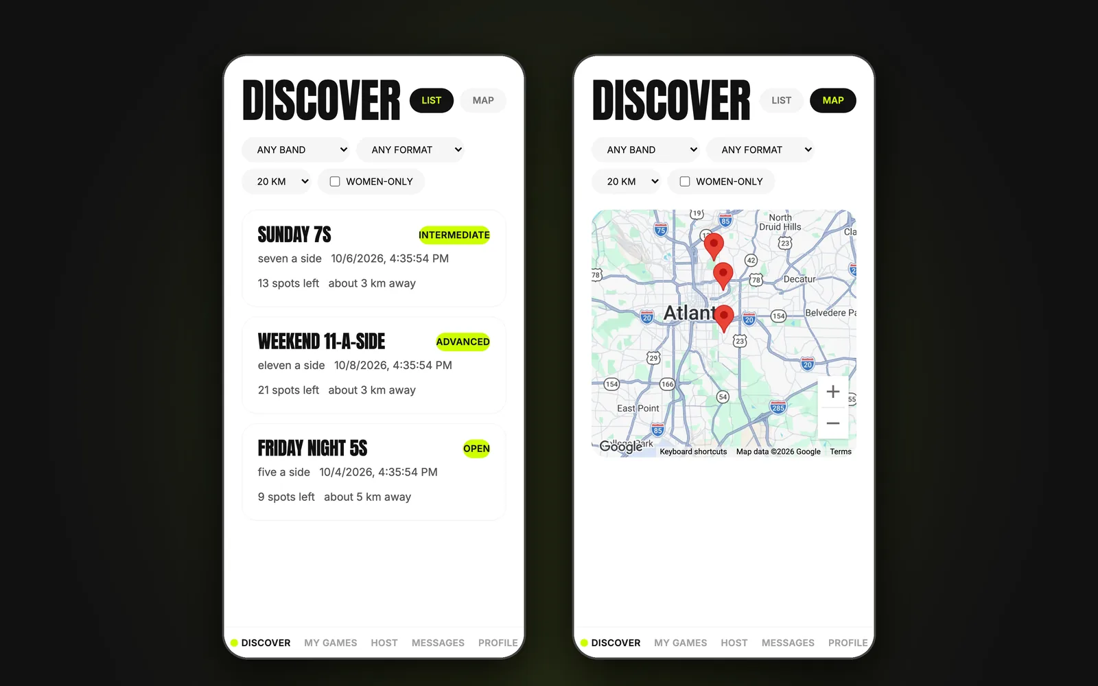 Screenshot: FootyLocal Discover map with nearby pickup games