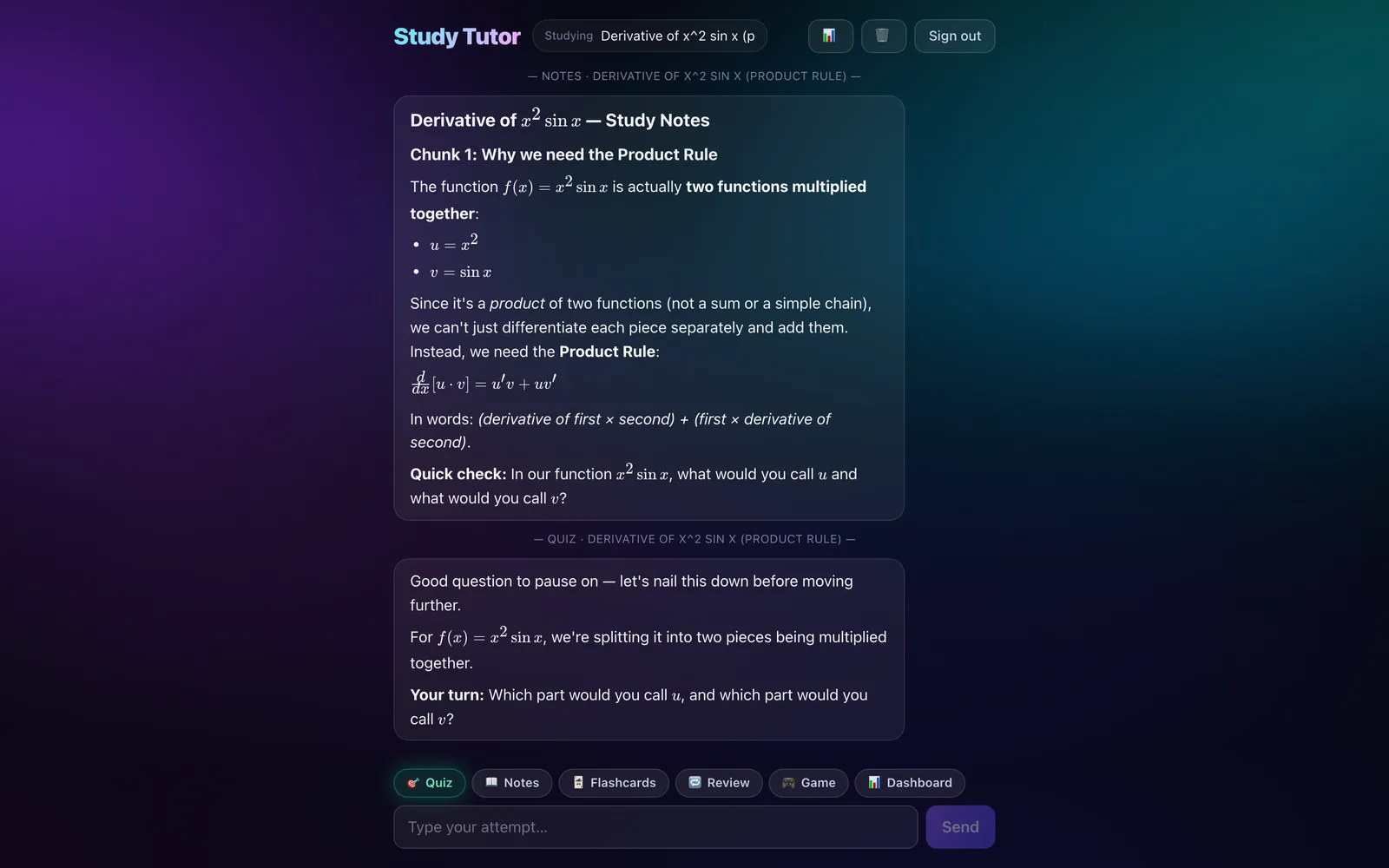 Screenshot: Study Tutor chat with a worked math explanation